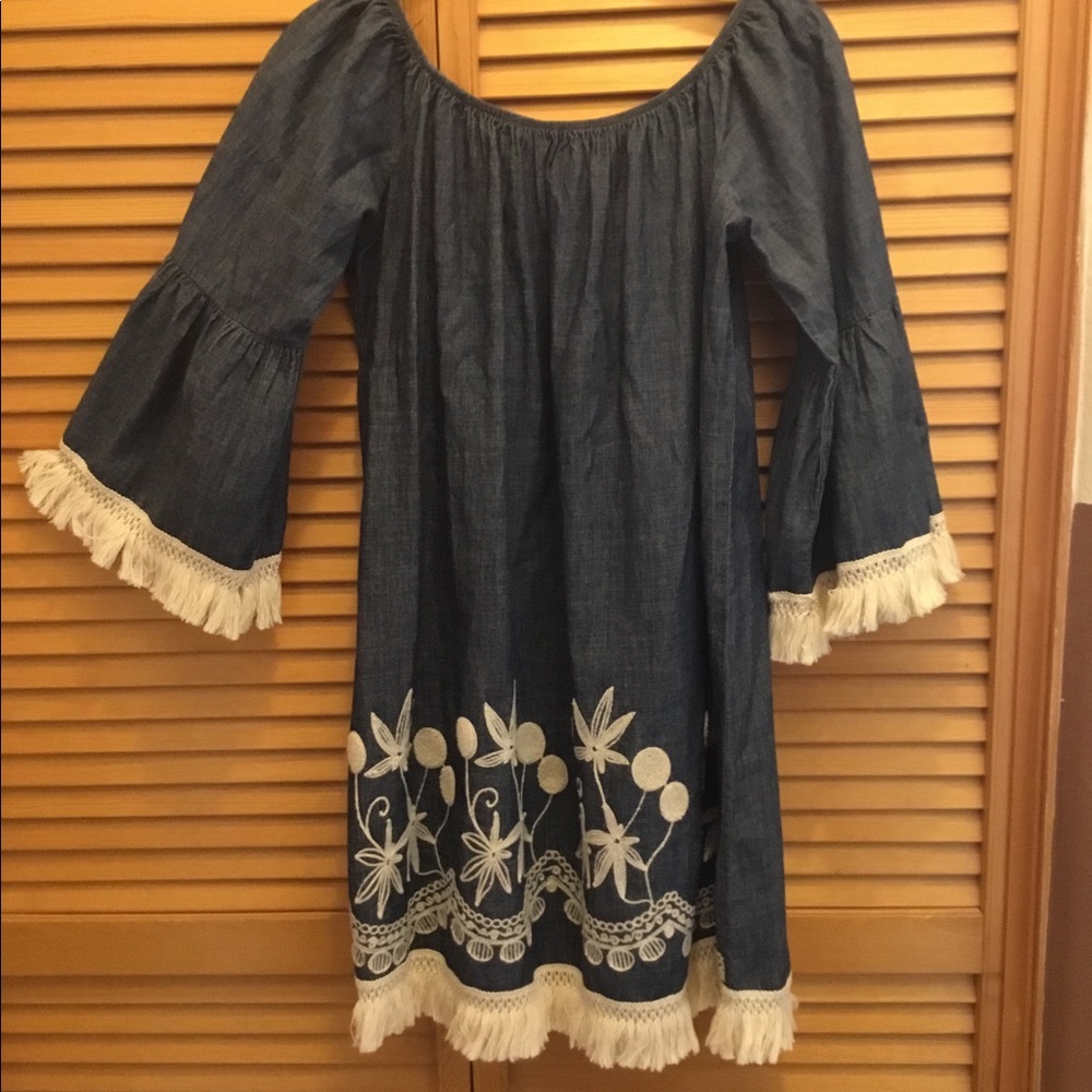 Shyanne off the shoulder embroidered denim dress.
